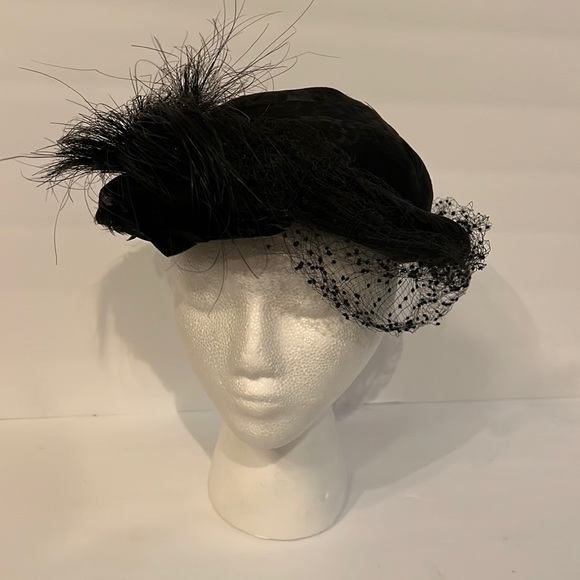 Accessories Vintage Antique Womans Black Feather Hat Wfascinator